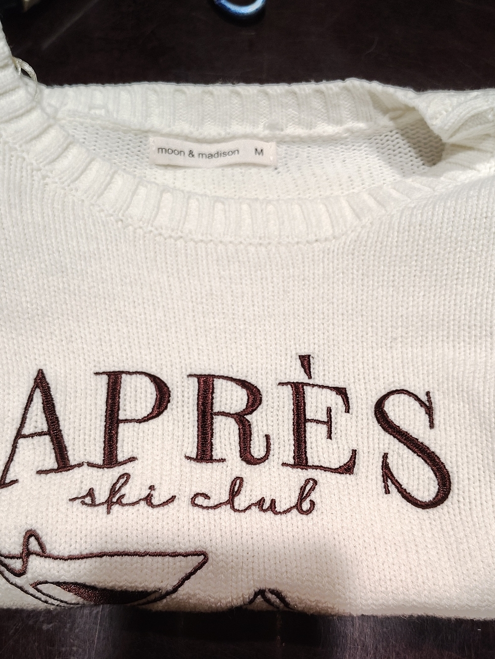 moon & madison Cream Crewneck Sweater with Brown Apres Ski Embroidery